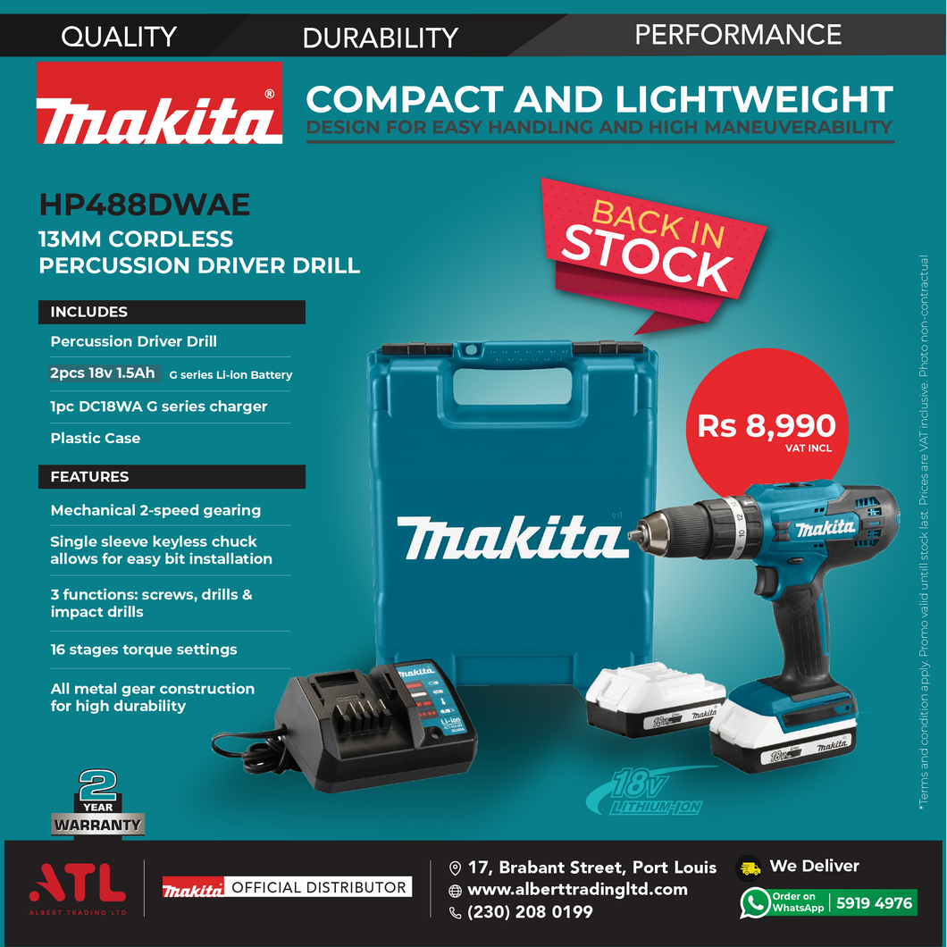 Makita Cordless Hammer Driver Drill 18V LI ION 13mm Albert Trading